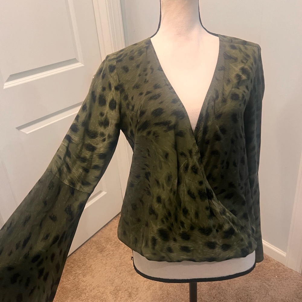 L’Agence Silk Leopard Print Wrap Blouse Olive Green XS